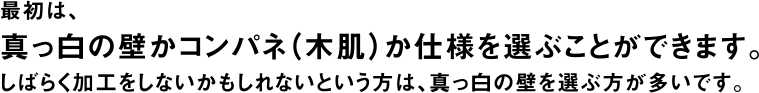 最初は、真っ白の壁かコンパネ（木肌）か仕様を選ぶことができます。しばらく加工をしないかもしれないという方は、真っ白の壁を選ぶ方が多いです。
